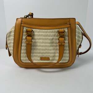 Fossil Tan Canvas and Leather Satchel - Vintage Style Crossbody Bag